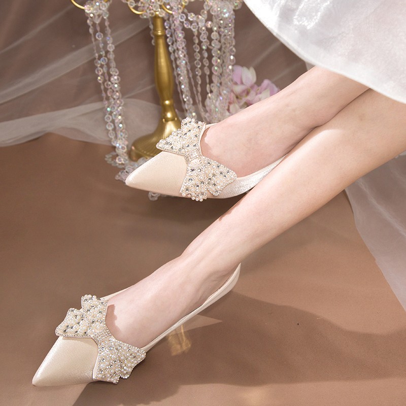 Rimocy Luxury High Heels Pearl Bowknot Women Pumps Pointed Toe Rhinestone Wedding Shoes Woman Champagne Silk Dress Party Pumps