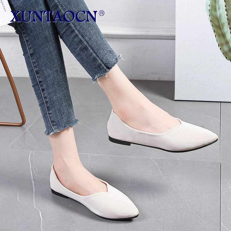 Spring Women Flats Black Pointed Toe Ballet Flats Shallow Boat Shoes Woman Flock Casual Shoes Female Loafers Apricot Pink