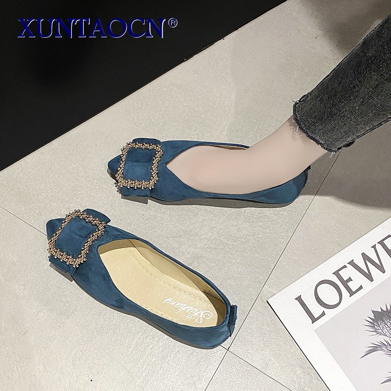 Summer women's shoes sexy pointed square buckle decorative comfortable corduroy fabric banquet flat shoes 2022 new large size