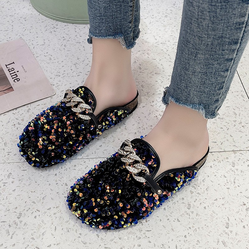 Fashion shoes women sequins metal chain slippers outdoor platform golden sandals 2022 new casual slip on lazy 43 size women shoes