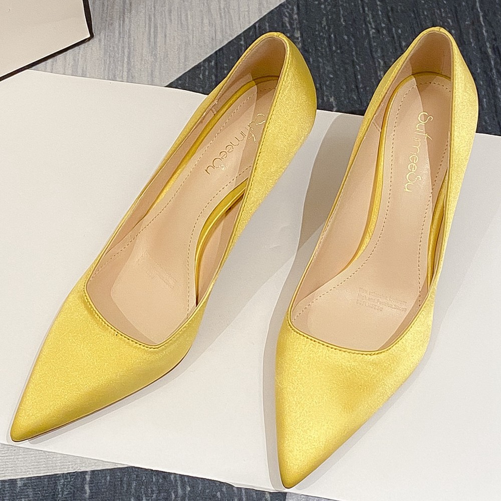 New Office Lady Pointed Toe Red Yellow Wedding Bridal Shoes Silk Satin Thin High Heel Stiletto Bride Shoes Women Pumps O0008