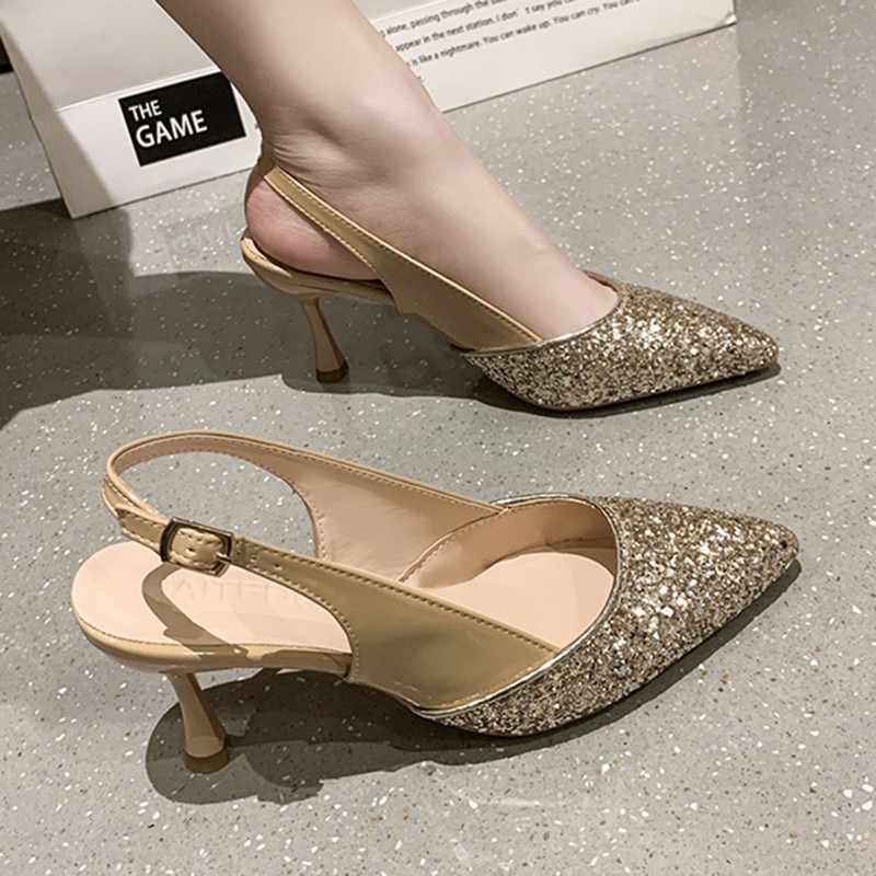 2022 Lucifer Women Gold Silver Sequins Stiletto High Heel Wedding Party Shoes Women Pointed Toe Slippers Mujer Mujer Mujer