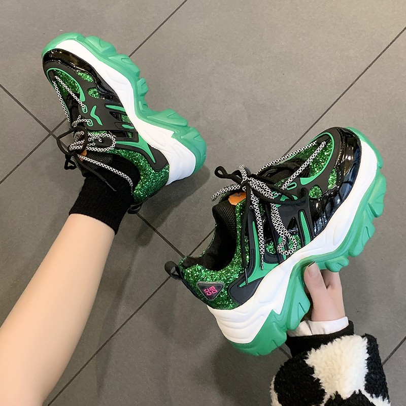 Rimocy Spring Sneakers For Women Glitter Green Glitter Thick Sole Sneakers Women 2022 Zapatillas Mujer Sneakers