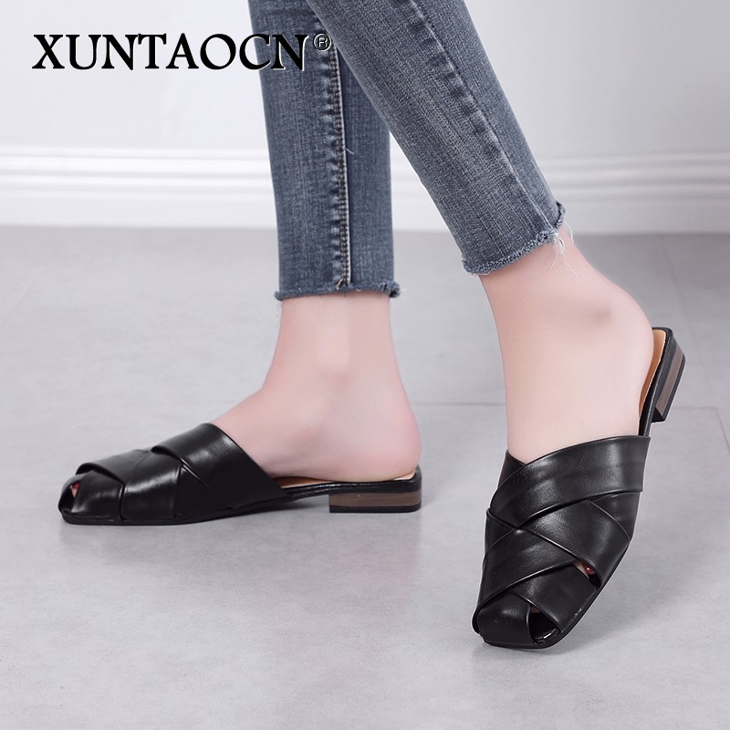 Flat Slides Mules Shoes Woman Summer Ladies Elegant Shoes Half Slippers Women's Shoes Lazy Zapatos Mujer