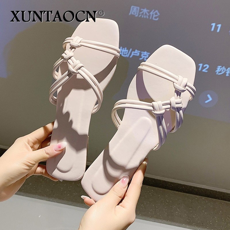 2022 Slippers women summer  Korean version new square-toe flat-heel candy color fashion outer wear sandals slippers