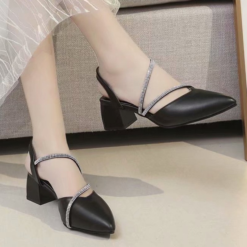 Lucifer Elegant Chunky Heel Women Open Toe Slippers Summer Faux Leather Crystal Strap Women Shoes Pointed Toe Slippers