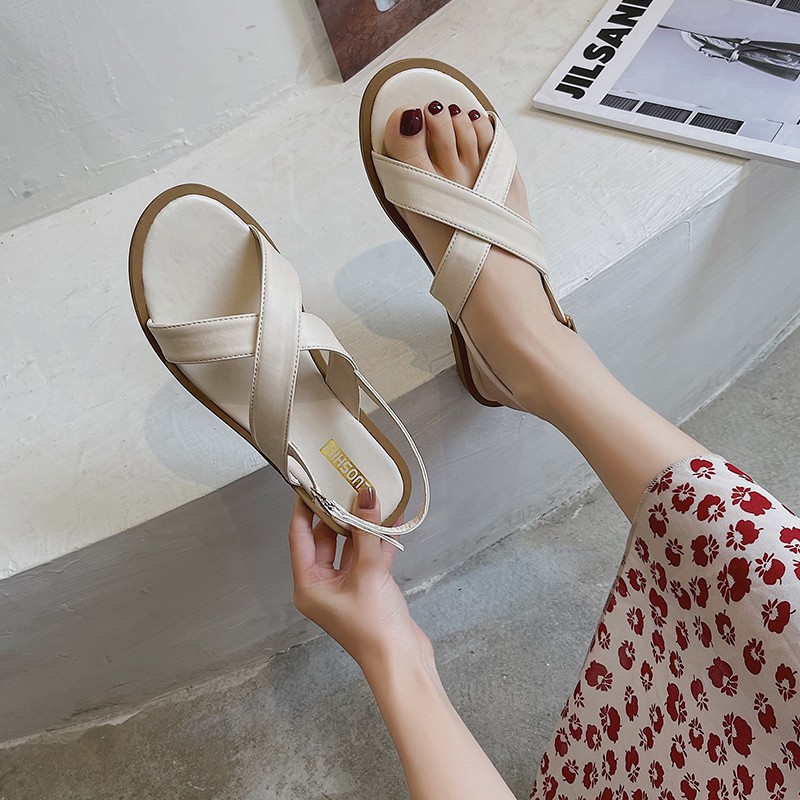 2021 Summer Women Classic Back Flight Strap Platform Rome Sandals Ladies Daily Peep Toe Beige Leather Flat Shoes Size 35-40