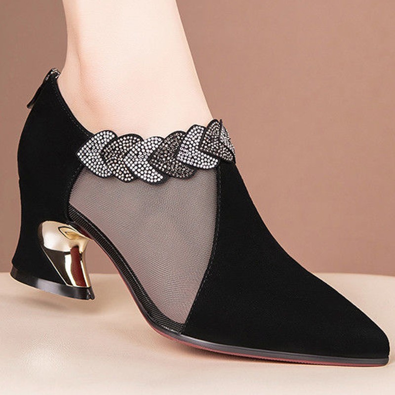 Lucifer Women Crystal Thick Heel Ankle Boots Breathable Mesh Pointed Toe Party Pumps Elegant Woman Back Zipper Ladies Shoes