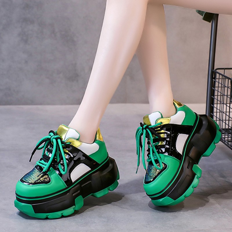 Lucifer Green Sequin Chunky Sneakers Shoes Woman 2022 Spring Mixed Color Platform Shoes For Women Lace Up Thick Sole Sneakers