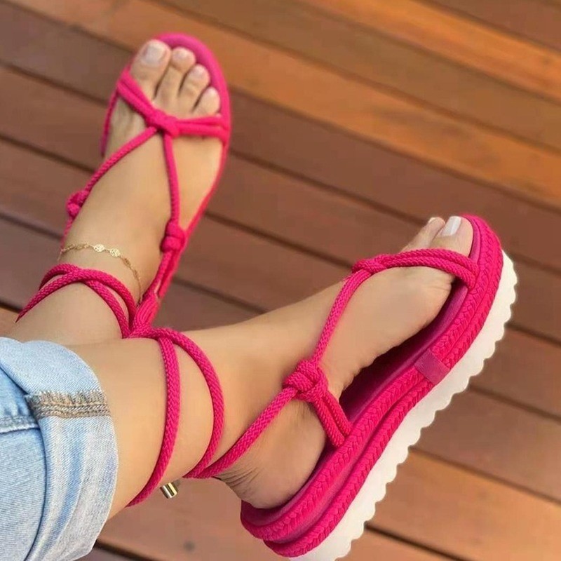 Summer new women's sandals thick-soled sponge cake hemp rope woven sandals ladies large size round toe female beach sandals