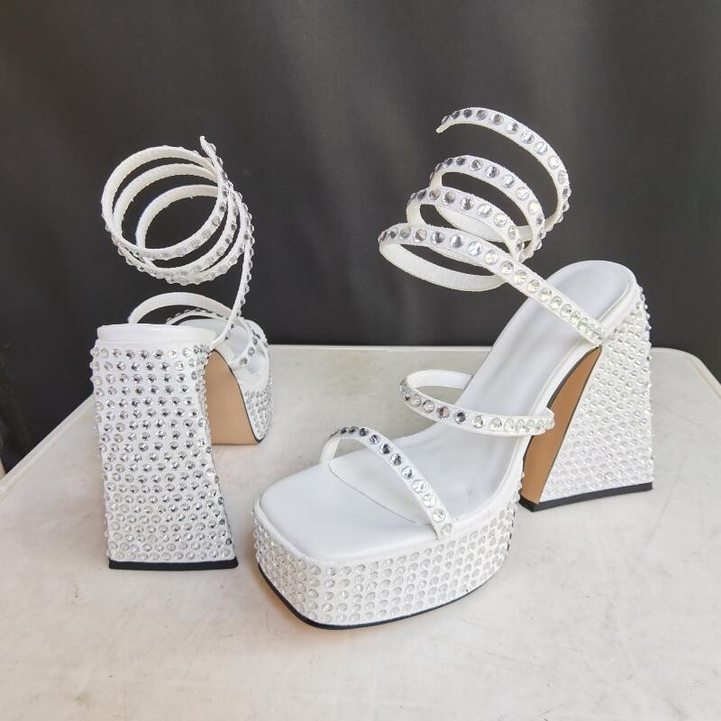 2022 New Women's Shiny Rhinestone Wedding Shoes Summer Party Roman Sandals Thick High Heel Platform Black White Red Big Size 43