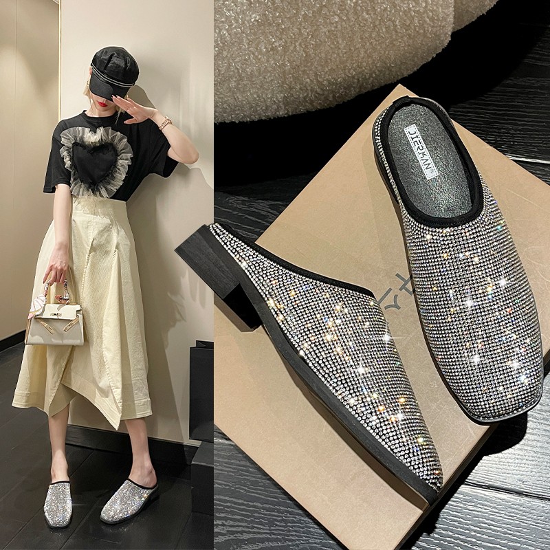 rhinestone pumps bling square toe black mules new casual slippers stirrup women shoes fashion half drag lazy loafers women heels