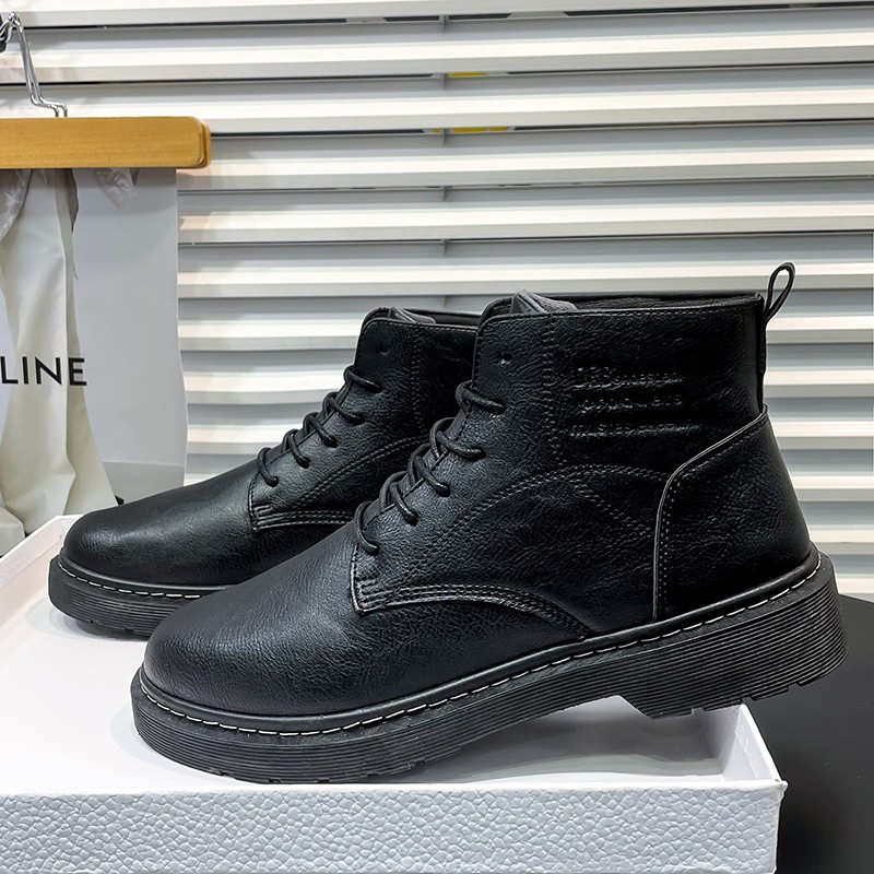 Black Leather Men Boots Lace Up Platform Ankle Boots Street Style High Tops Casual Shoes Fashion Combat Boots For Men