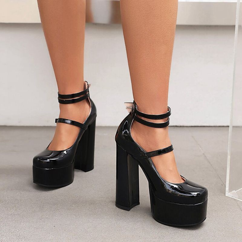 REAVE CAT Women Pumps Square Toe High Block Heels Buckle Straps Punk Plateform Big Size 35-41 Solid Red Black Sexy Spring S3626