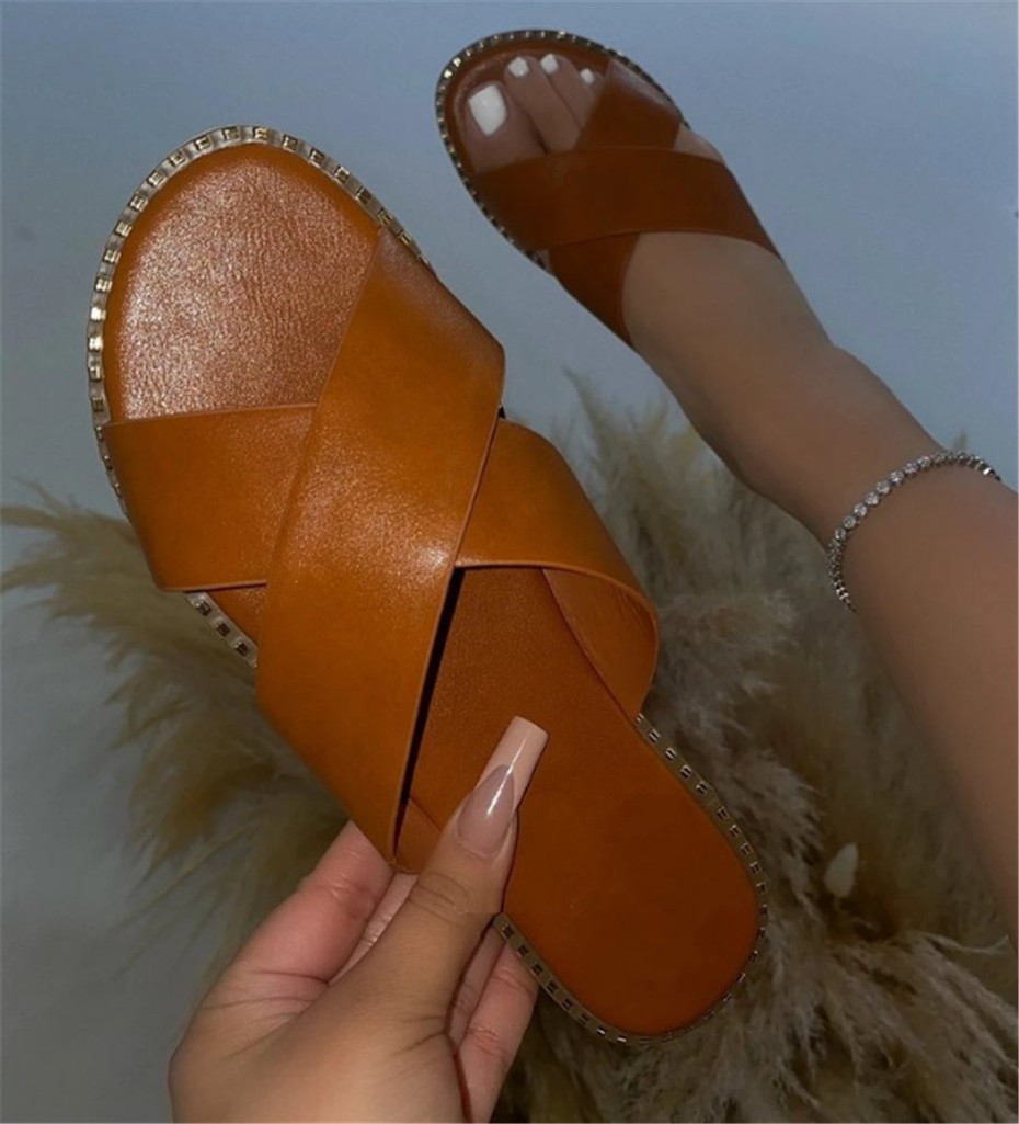 Modern Women Slippers Casual Open Toe Beach Vacation Cute Shoes Solid Color Cross Flat Sandals Bulk Items Wholesale Lots M8686