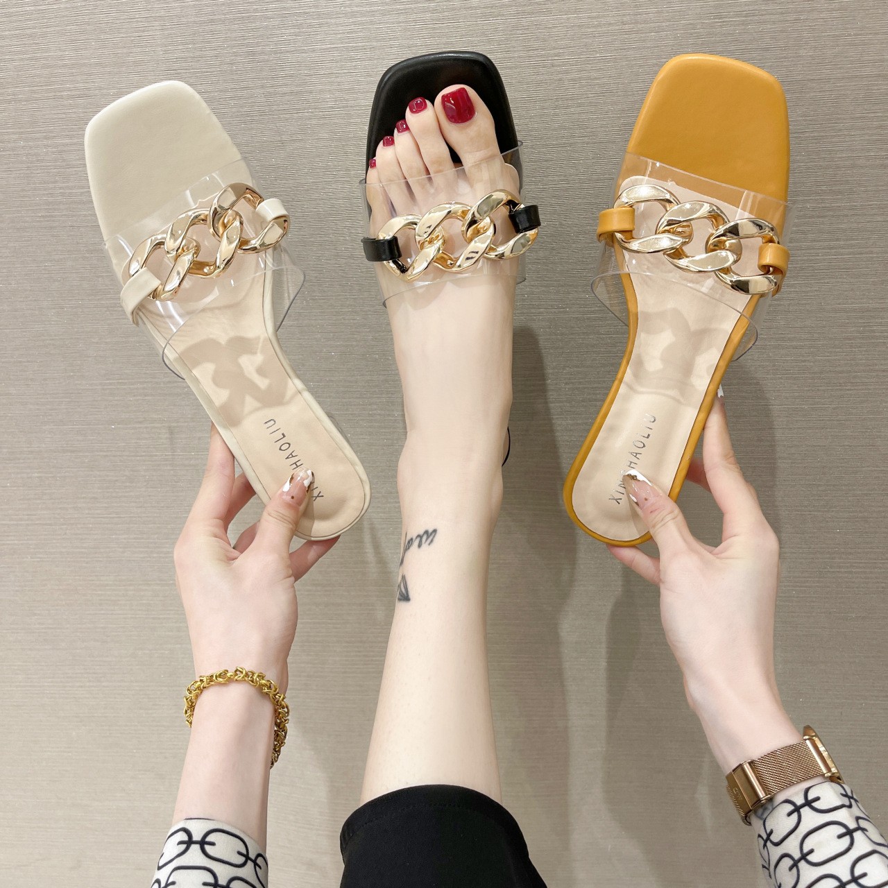 2022 Summer New Women's Thick Heel Sandals High Heel Slippers Metal Chain Decoration Inline Summer Shoes Women