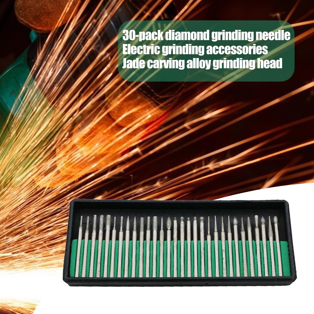 30pcs Shank Diamond Grinding Burr Needle Point Engraving Carving Polishing Glass Jade Stone Drill Bit Set Rotary Tool