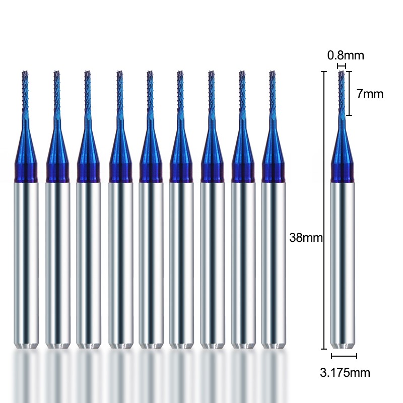 XCAN Corn Milling Machine Cutter 10pcs 0.5/0.8/1.0mm Blue Coated Carbide PCB Router Bits for Wood/Metal Milling Engraving End Mill