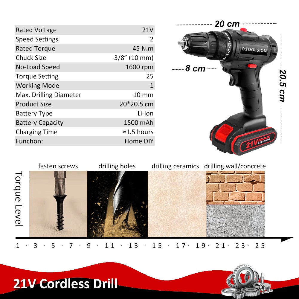 otool sion 21V Rechargeable Electric Gun Electric Drill Cordless Electric Drill Forward Reverse Electric Screwdriver Woodworking Tools