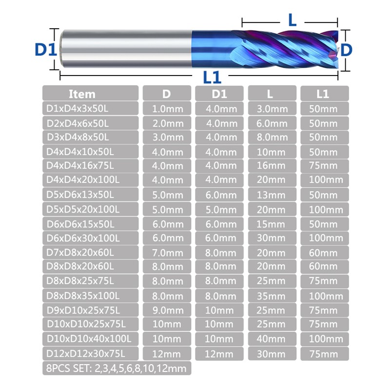 XCAN Carbide End Mill 4 Flutes HRC65 Spiral Milling Cutter Nano Blue Coated Wave CNC Machine Bit 1-16mm Metal Milling Tool