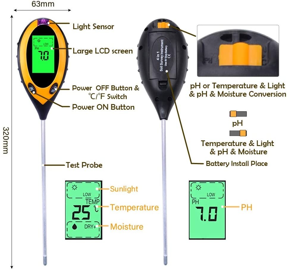 Soil PH Tester, 3/4 in 1 pH Light Moisture Acidity Tester Soil Tester Moisture Meter Soil Test Kit Plant for Flowers