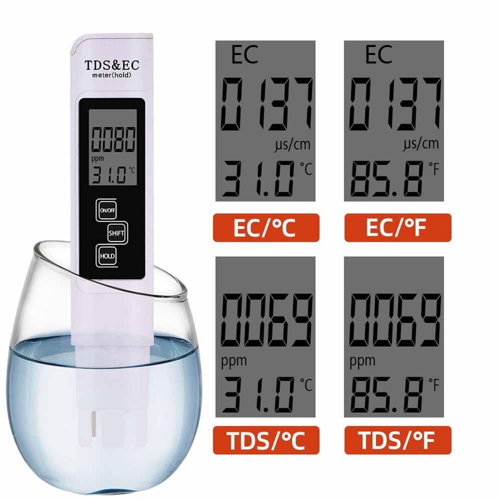 TDS/EC Tester 0-9990ppm Conductivity Detector Water Purity Thermometer 3 in1 TDS/Temperature/EC Meter Water Water Quality Tester Pen