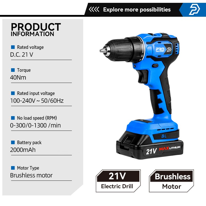 21V Volt Cordless Drill 40NM Brushless Mini Electric Driver Screwdriver 2.0Ah Battery Household Power Tools 5pcs Bits by PROSTORMER