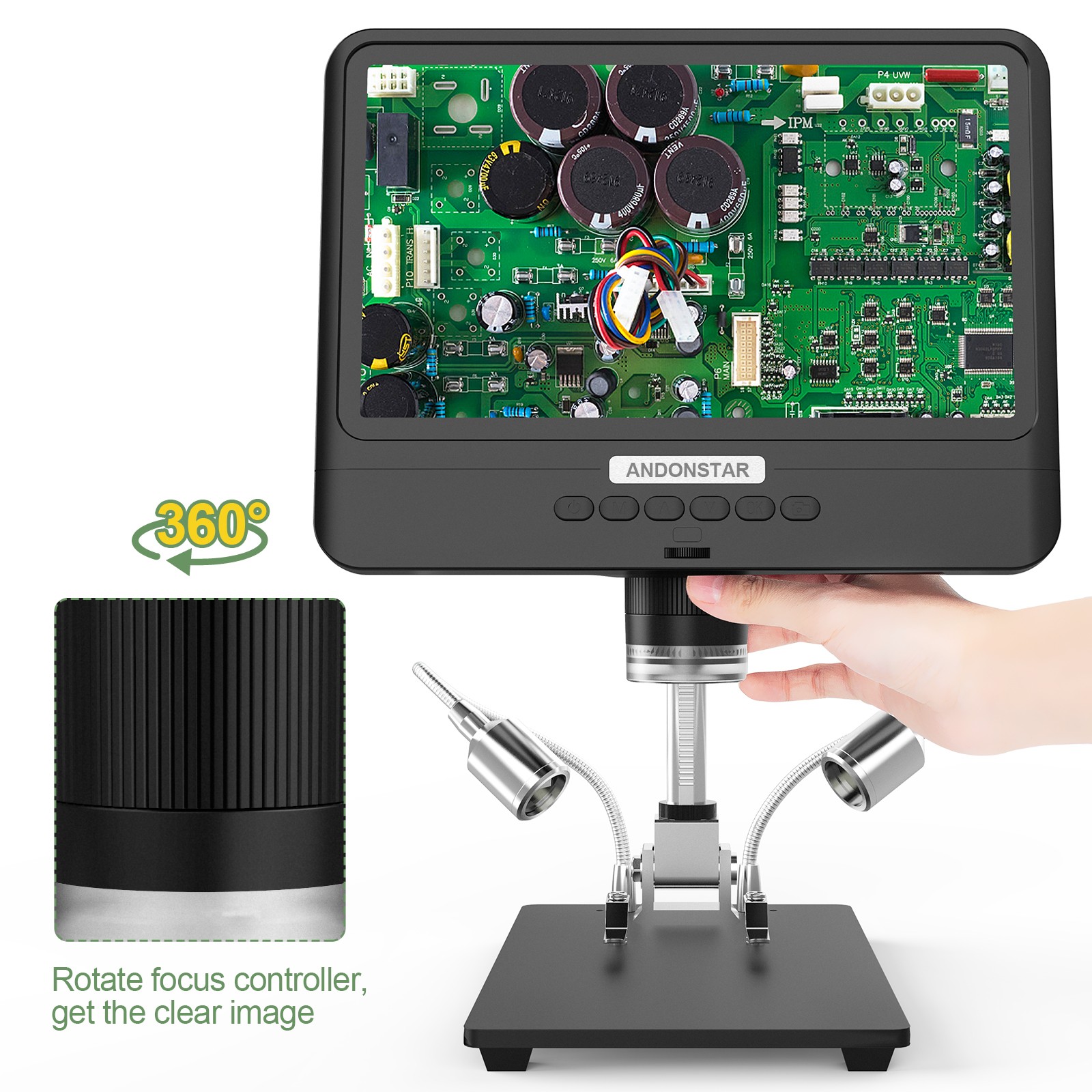 Andonstar AD208S Digital Microscope, 8.5 inch LCD Display, 5X-1200X, 1280*800, 1080P Adjustable Range, Soldering Tool with 2 Fill Lights