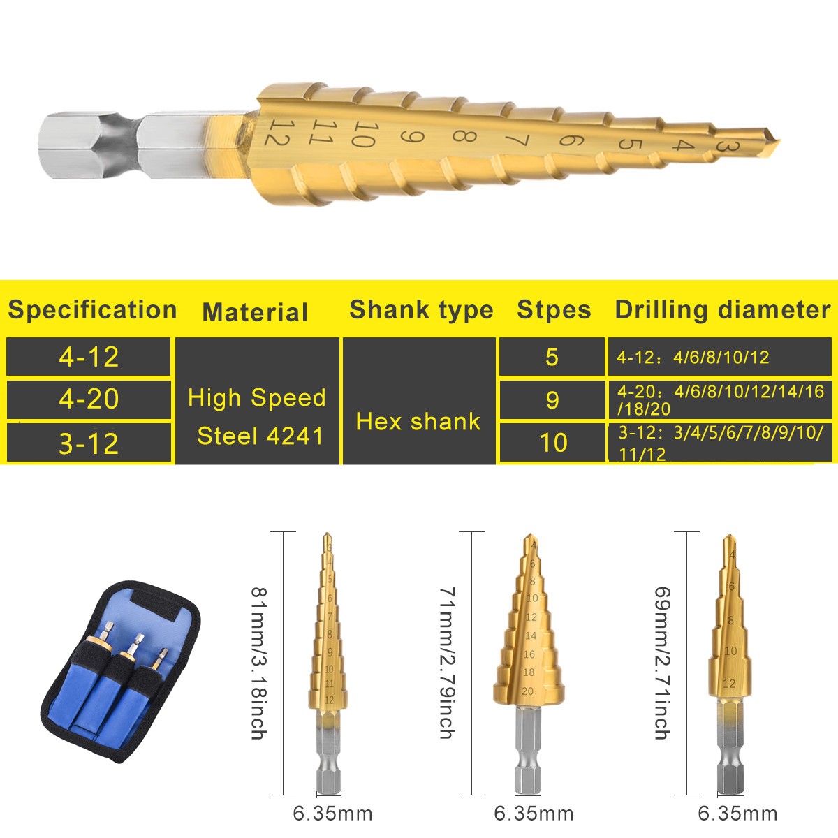 3pcs/set 3-12mm 4-12mm 4-20mm HSS Straight Groove Step Drill Bit Titanium Coated Wood Metal Hole Cutter Core Drill Tool Set