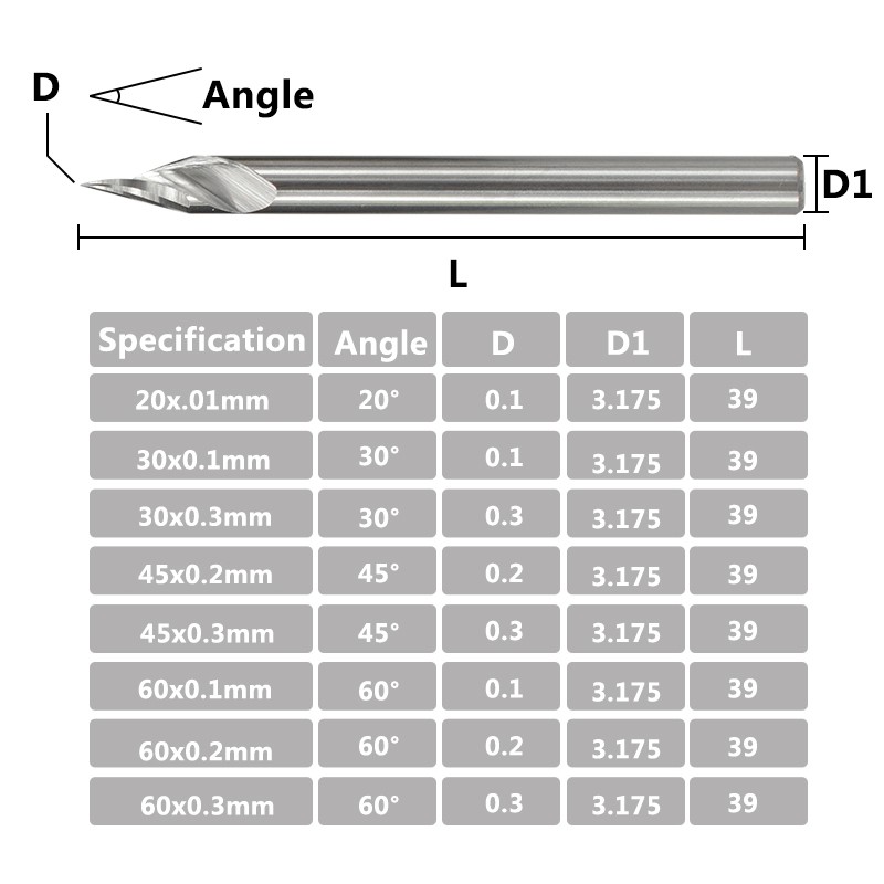 1pc 3.175mm Shank V Shape Tip Carving Cutter 20/30/45/60 Degree Milling Cutter Tungsten Carbide Router Bit PCB 3D Drill Bit