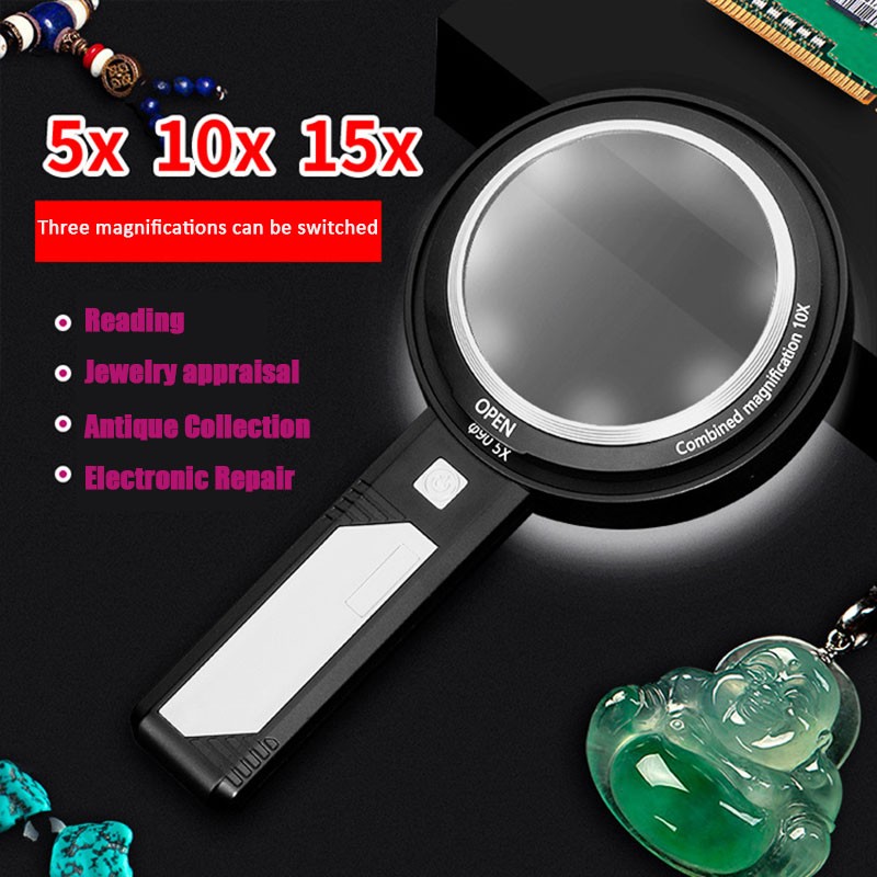 5X 10X 15X Lighted Magnifying Glass Handheld Magnifier with 8 Led Lights, Optical Lens Illuminated Magnifier for Reading Repair