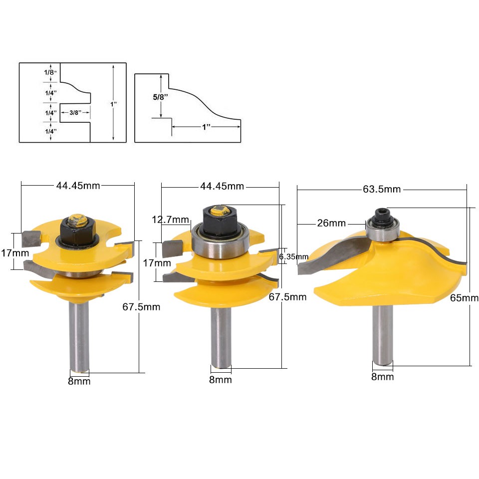 8mm Shank High Quality Raised Panel Cabinet Door Router Bit Set - 3 Bits Ogee Woodworking Cutter Woodworking Router Bits