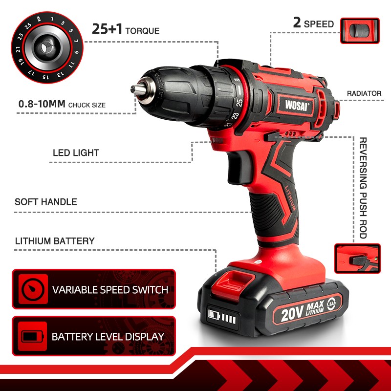 WUSAI 12V 16V 20V Cordless Drill Mini Cordless Electric Screwdriver DC Power Disk Li-ion Battery 3/8 Inch