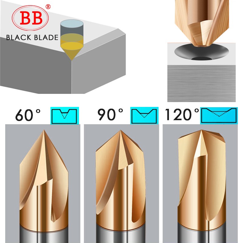 BB-Cipper carbide chamfering milling cutter, V beveled edge, router groove 60 90 120 degree 2 3 flutes