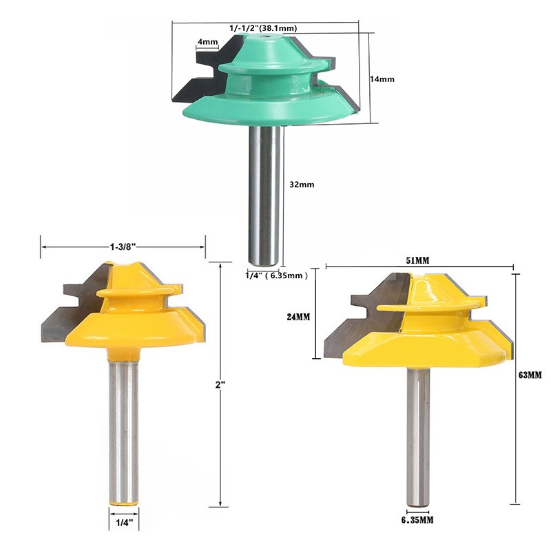 1/2" 1/4" 8mm Shank 45 Degree Lock Miter Router Bit 8*1-1/2 8*1-3/8 Tenon End Cutter Milling Tools for Woodworking