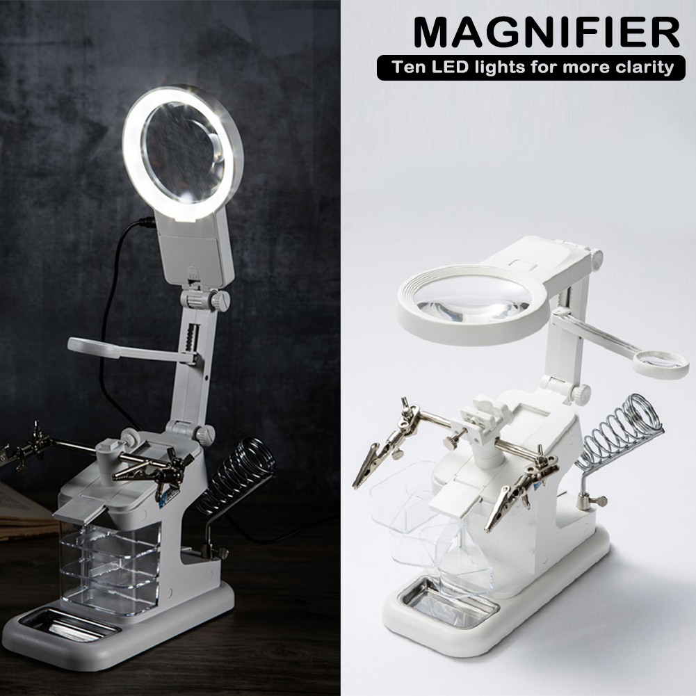 متعددة الوظائف لحام عدسة مكبرة بإضاءة ليد 3X 4.5X 25Xmagnifying الزجاج التمساح حامل قصاصة المشبك مساعدة اليد أداة إصلاح للحام