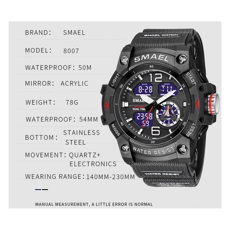 SMAEL 2022 New Men's Watches Dual Time Military Watches 50M Waterproof Men 8007 Shock Resistant Sport Watches Wtach Gifts