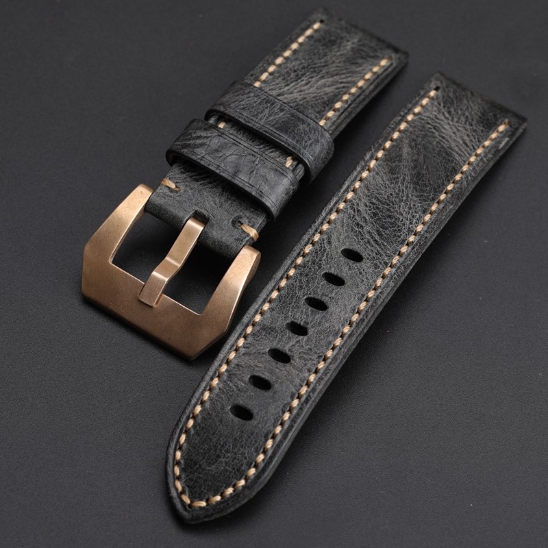 Hand Folded Smoky Gray Leather Watchband Compatible with BAM Bronze Watch Strap 20 22 24 26mm Soft Vintage Bracelet