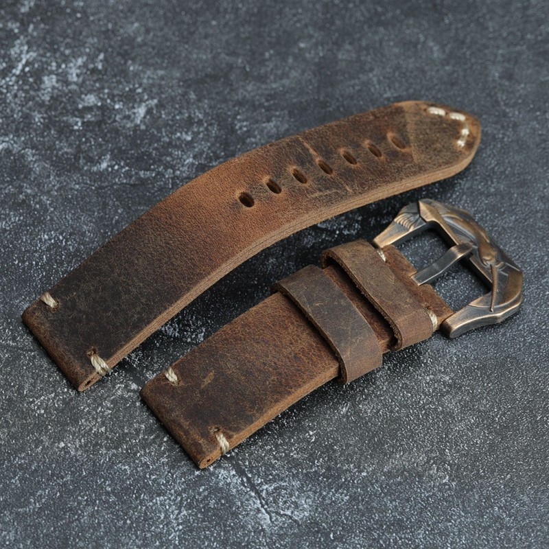 Handmade Crazy Horse Leather Watchband 20 22 24 26mm Brown Calfskin Leather Strap with Bronze Buckle for PAM111 441