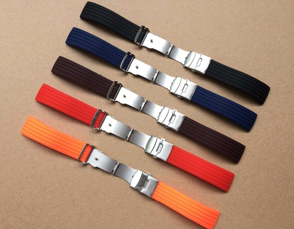 Basic 16mm, 18mm, 20mm, 22mm, 24mm 5 colors new silicone rubber watch strap band deployment buckle waterproof black watchband