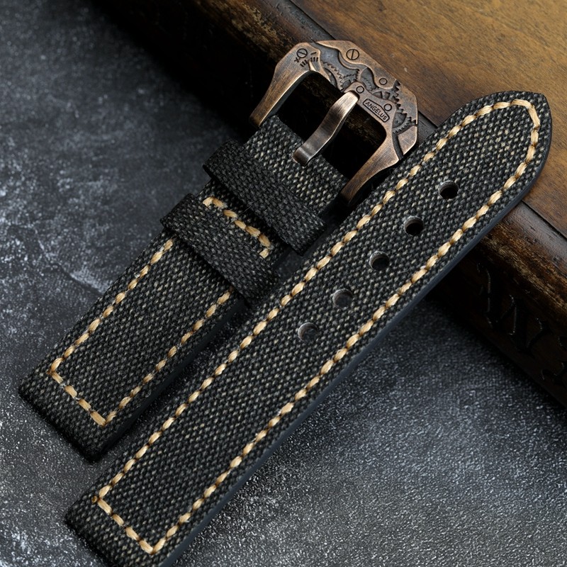 Handmade Canvas + Leather Watchband 20 22 24 26mm Compatible Bronze Strap Personalized Bronze Buckle