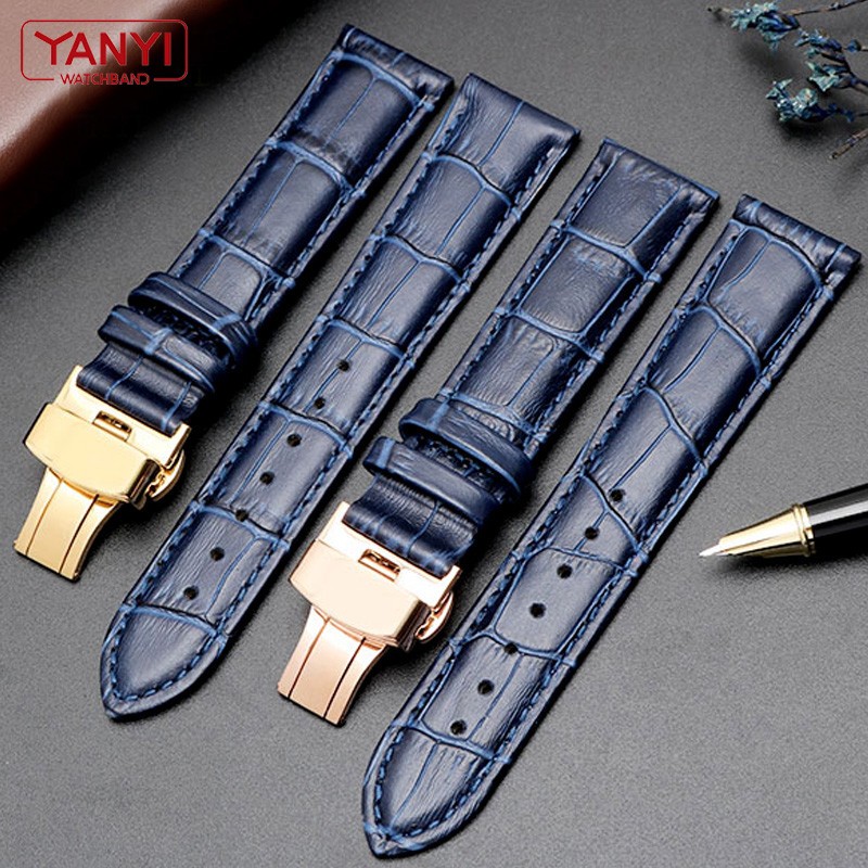 Genuine Leather Bracelet Dark Blue Watch Strap Butterfly Clasp Watchband Size In 16mm 18mm 20mm 21 22mm 23mm Watch Band