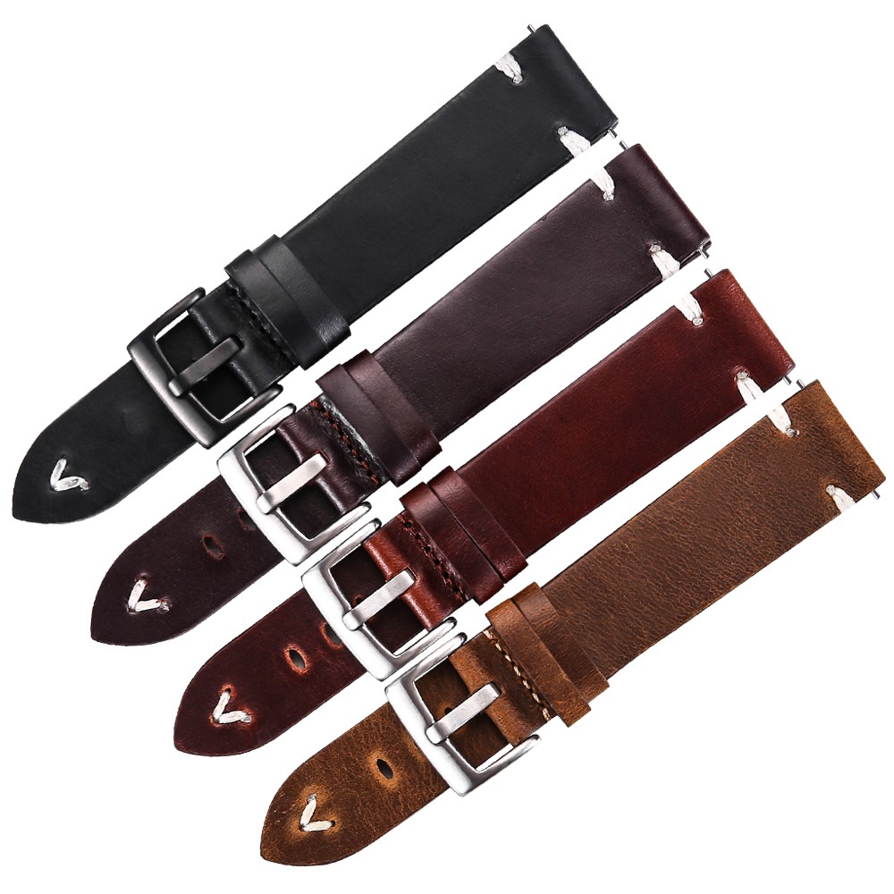 Leather Watchband Black Dark Brown Oil Wax Leather Italian Watch Strap 18mm 20mm 22mm Quick Release Handmade Cowhide Watch Strap