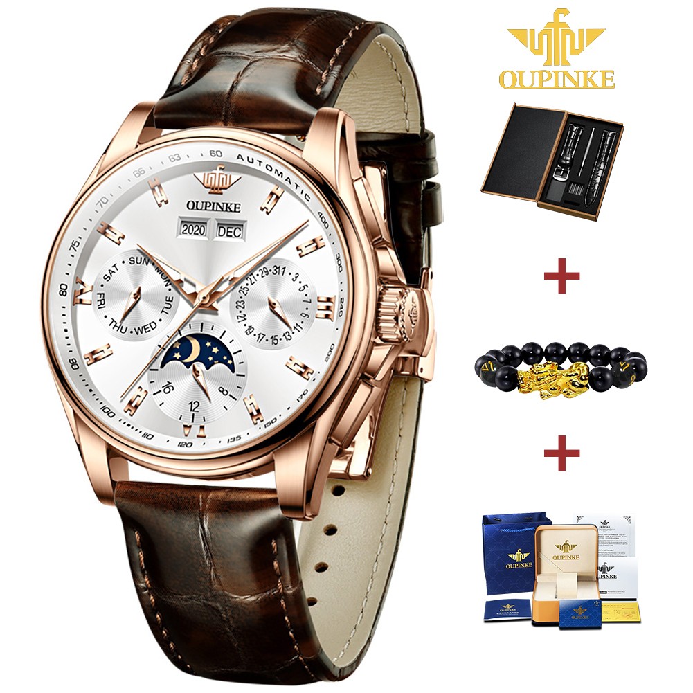 OUPINKE Luxury Brand Automatic Watch For Man Mechanical Watch Leather Sapphire Waterproof Sport Moon Phase Wristwatch Male