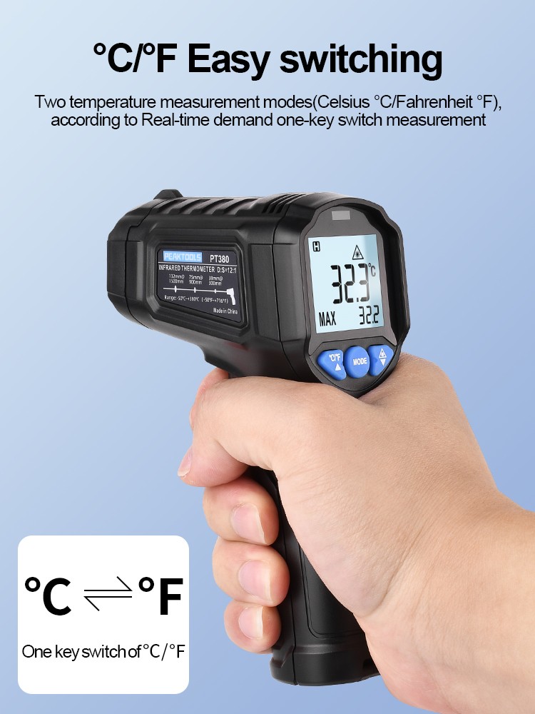 High precision infrared digital thermometer pro non-contact temperature infrared laser humidity LCD display PT380/600 peaktool