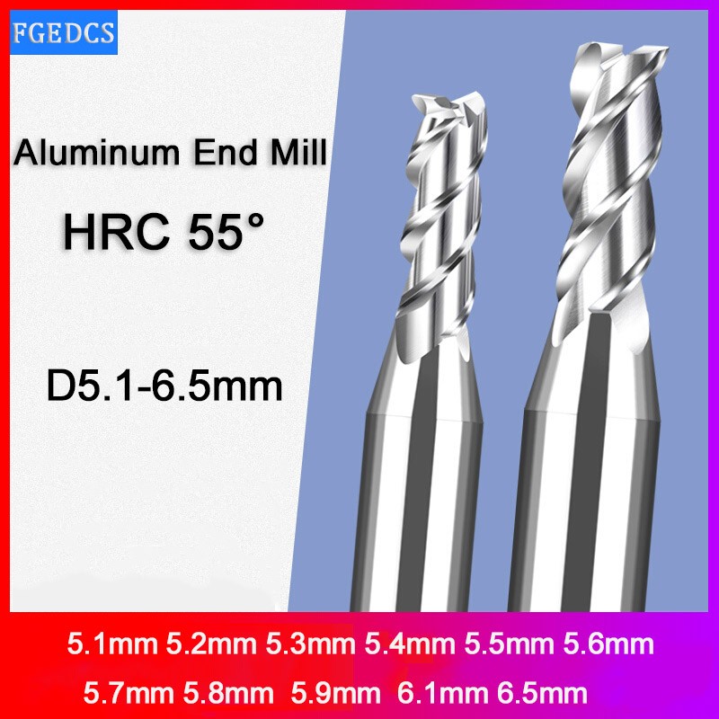 3 Flute End Milling Segment Aluminum 5.1mm 5.2 5.3 5.4 5.5 5.6 5.7 5.8 5.9 6.1 6.5mm Decimal Point Milling Cutter Computer Tools Carbide Cutter