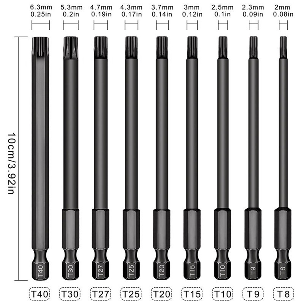 9 قطعة مفك Bit100mm T8-T40 مفك بت 1/4 ''عرافة عرقوب وجع مثقاب الخشب للكهرباء الحفر الكهربائية اليد مفك