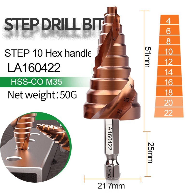 LAOA Pagoda Step Drill Bit 3-13mm 4-22mm 4-32mm HSS-CO M35 Hex Triangle Spiral Grooved Wood Metal Hole Cutter Drilling Tools Set