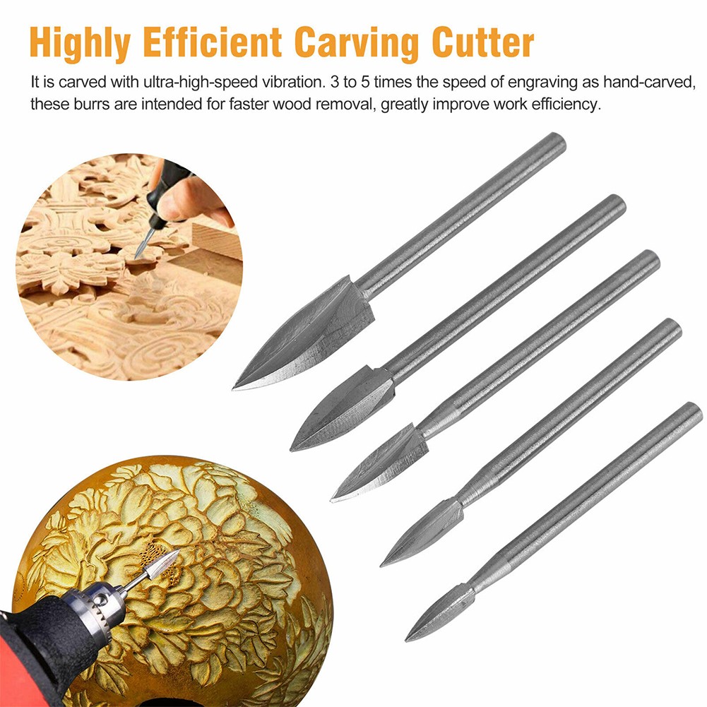 5pcs/set Wood Carving Drill Bit HSS Drill Bit Set Solid Carbide Steel Root Milling Grinder Burr Precision Wood Carving