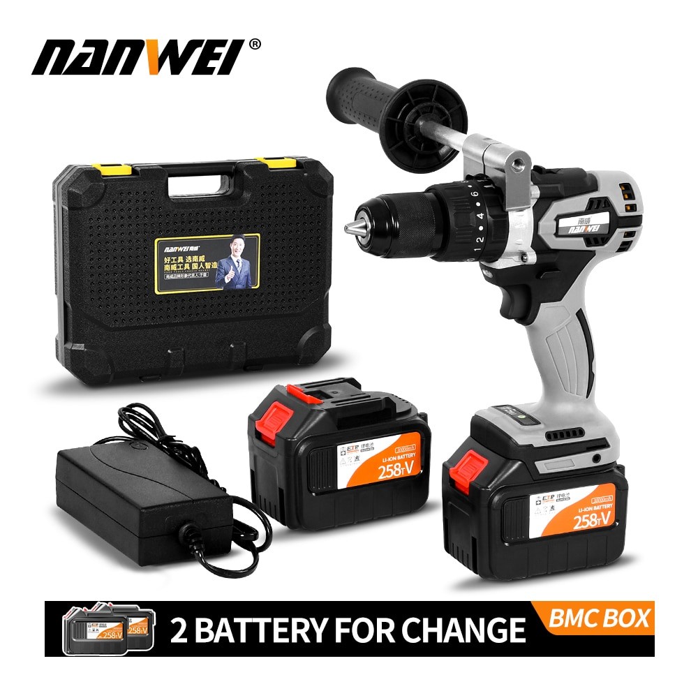 NANWEI 21V 13mm Cordless Drill Industrial Grade Brushless Impact Drill 1/2" Metal Auto Lock Chuck Ice Drill Fishing